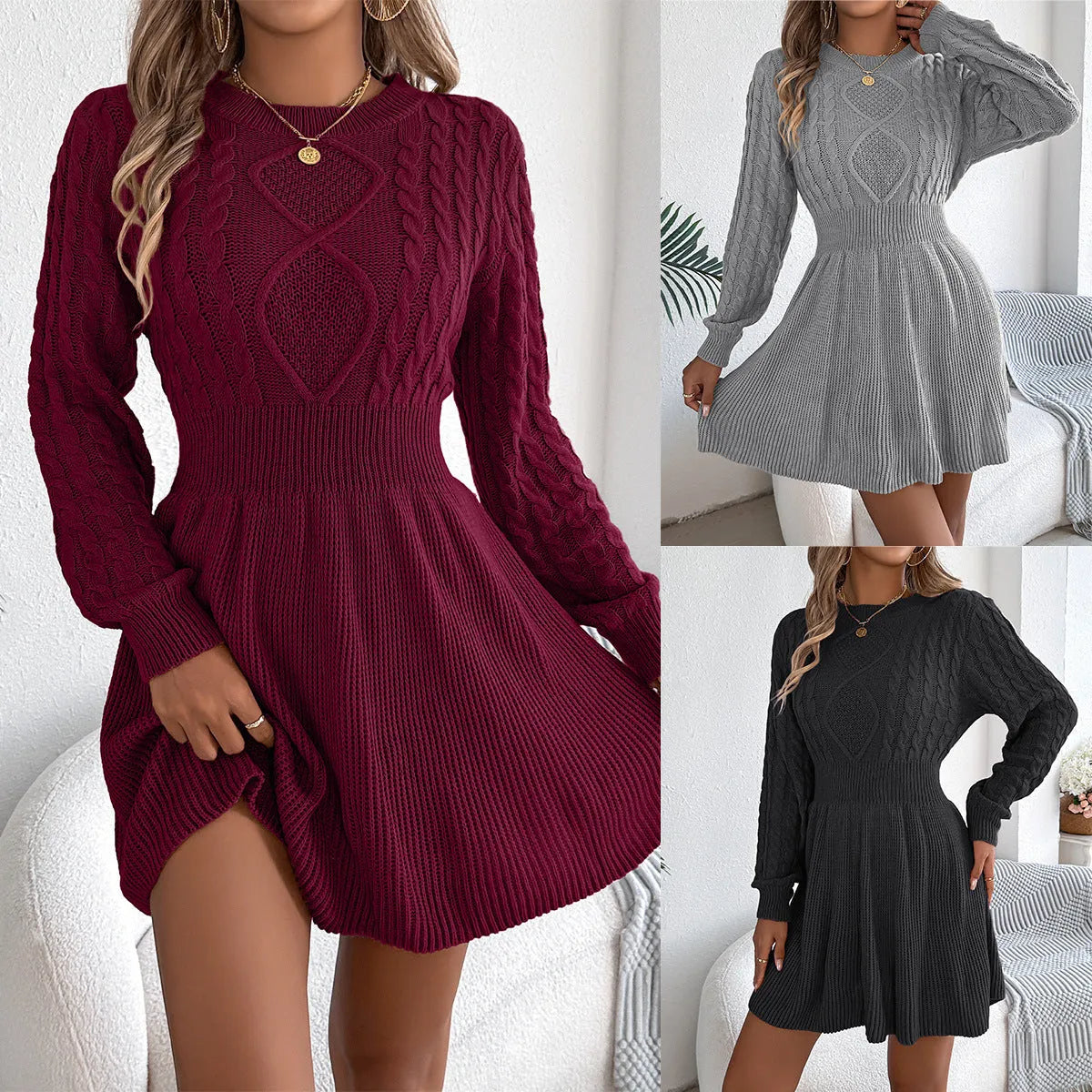 Solid colour acrylic sweater dress with long lantern sleeves and an elastic twist waist.