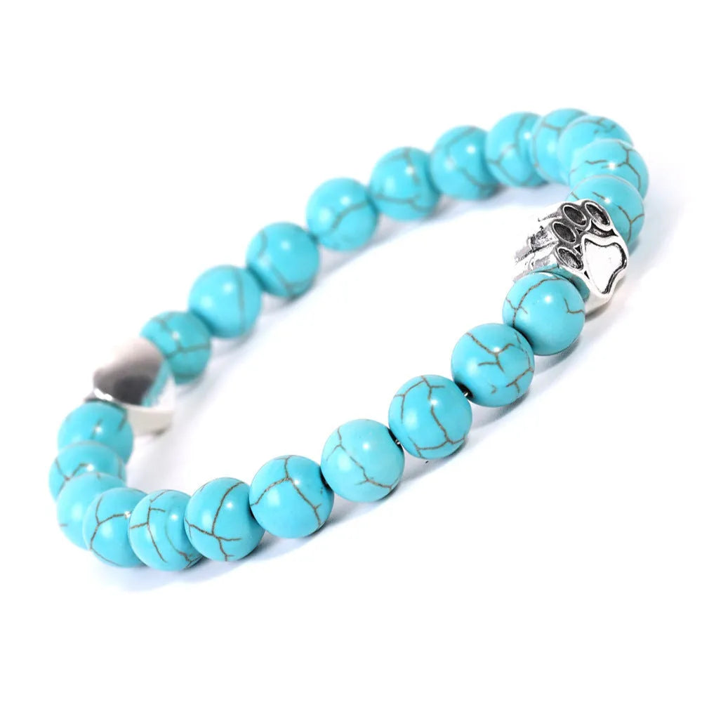 Polished tigereye and Indian agate bracelet with a geometric dog's paw design and love heart charm.