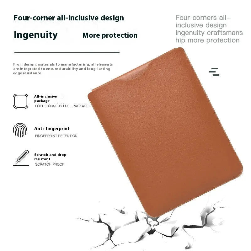 Four-piece set of brown, grey, apricot, and light pink leather-look laptop covers with lock edge design
