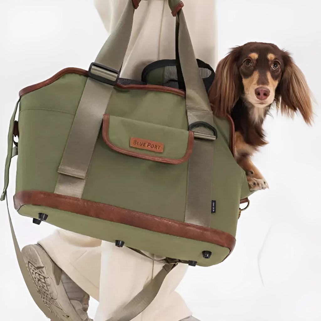 Small pet outdoor backpack in light blue or military green, size S for cats and dogs under 5kg, water repellent polyester.