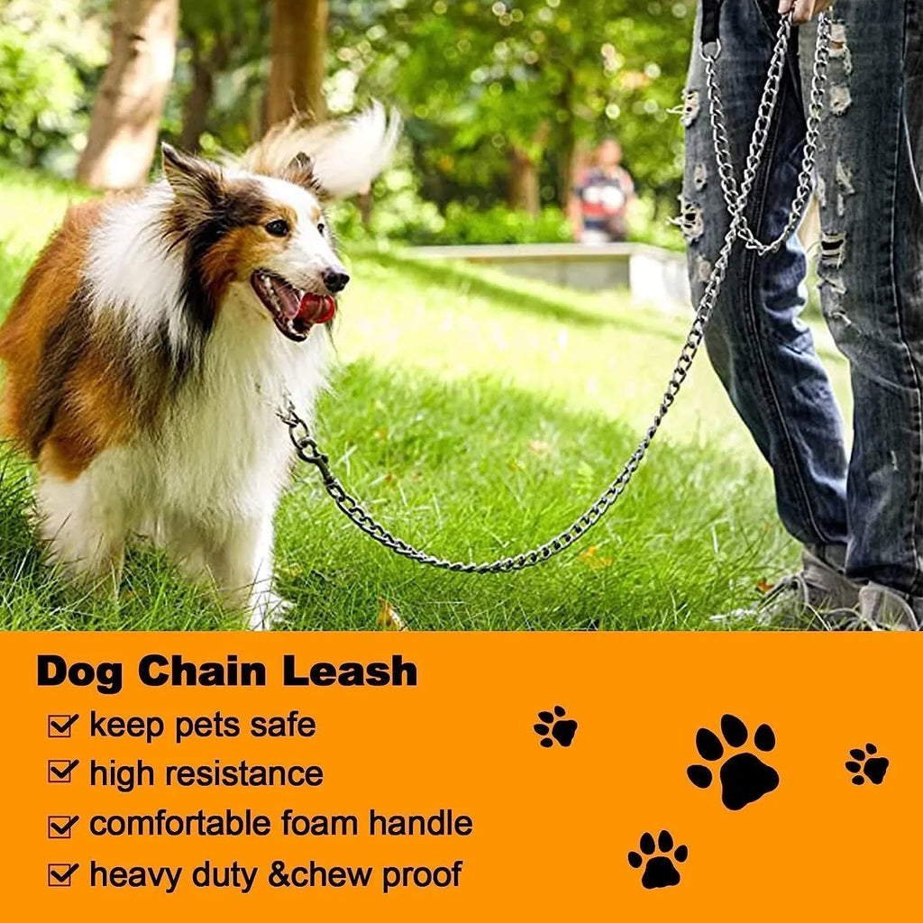 Heavy duty metal dog leash with soft padded handle in black, blue, and red options