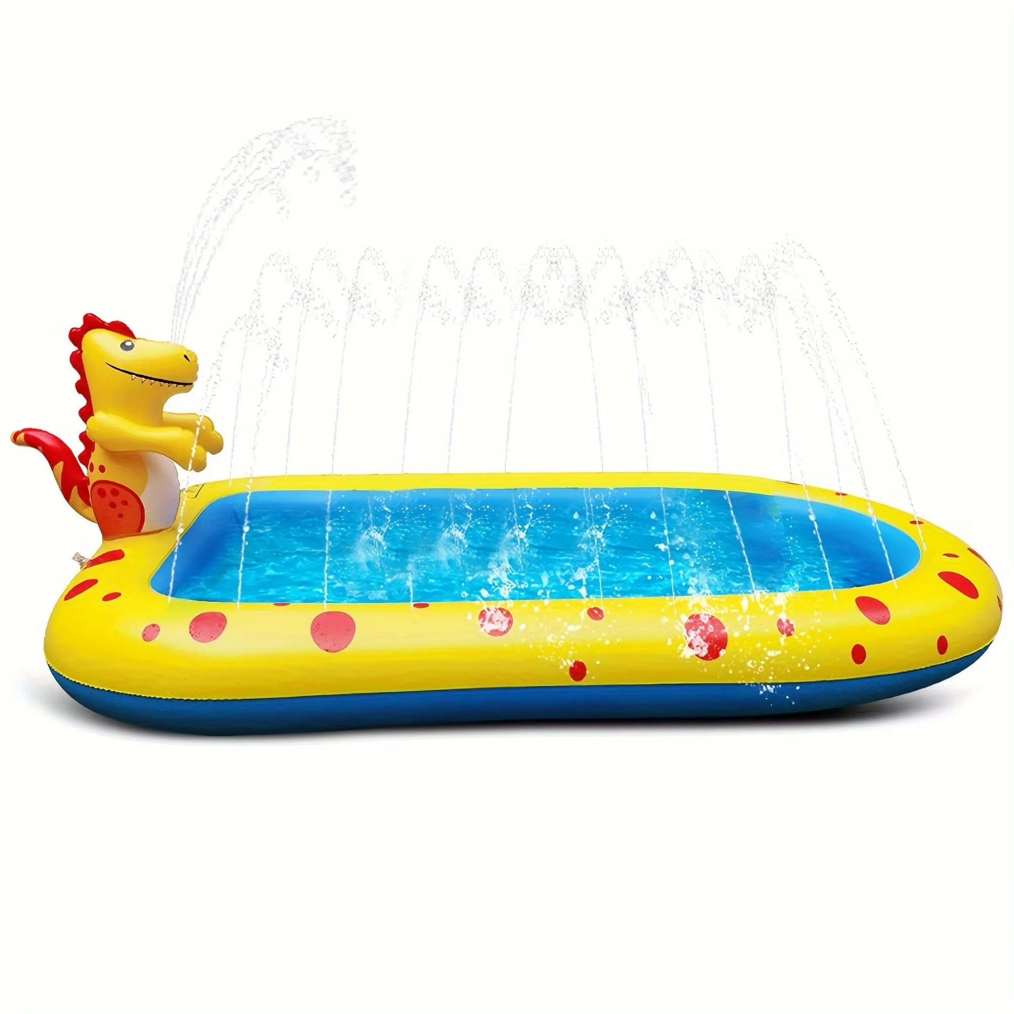Blue dinosaur water spray play mat with inflatable shark pool for children's outdoor water games