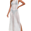 Women's long loose beach blouse with hollow-out knit design in apricot colour