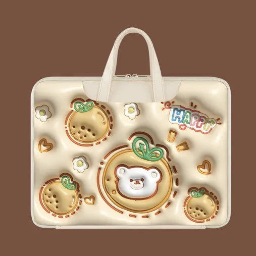 PU leather inflatable laptop bag with strap, shown in a cute character design.