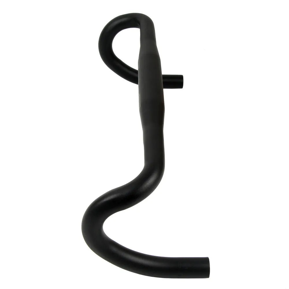 Black aluminium alloy road bike bent handlebar showing clamp area and printed size marking.