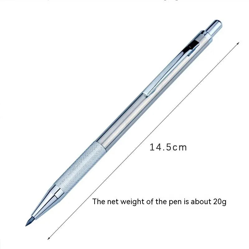 Metal automatic mechanical drafting pencil with multiple lead size options including 0.5mm and 2.0mm.