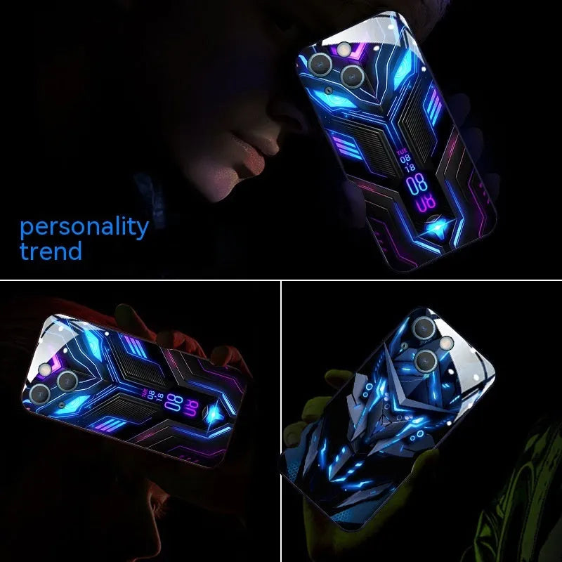 Apple iPhone phone case with light-emitting mech design, anti-fingerprint glass, and cartoon mech style.