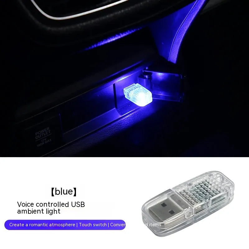USB car ambient light with touch and voice control for white, blue, ice blue, pink, and RGB lighting modes.
