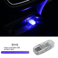USB car ambient light with touch and voice control for white, blue, ice blue, pink, and RGB lighting modes.