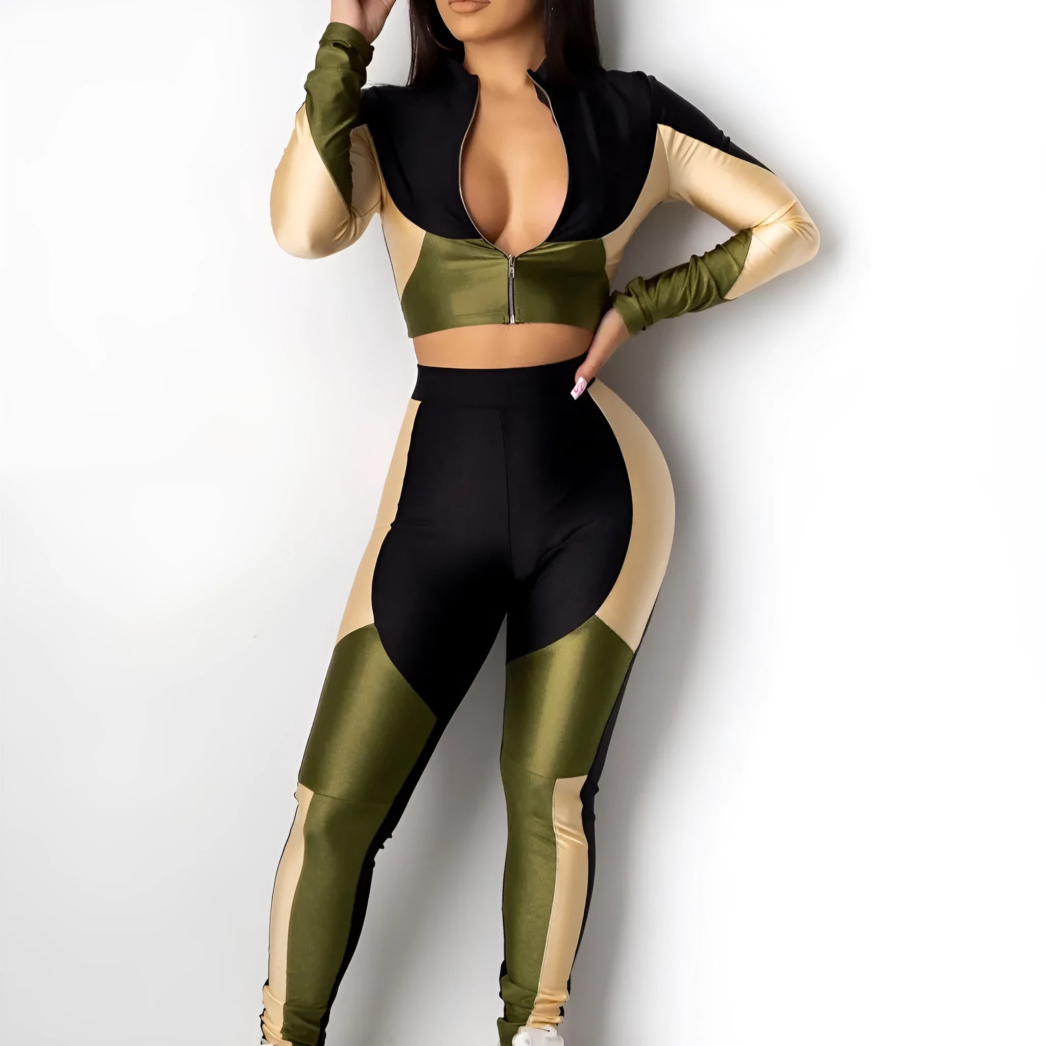Women's three-color stitching long-sleeved sports two-piece suit in solid colour elastic satin polyester