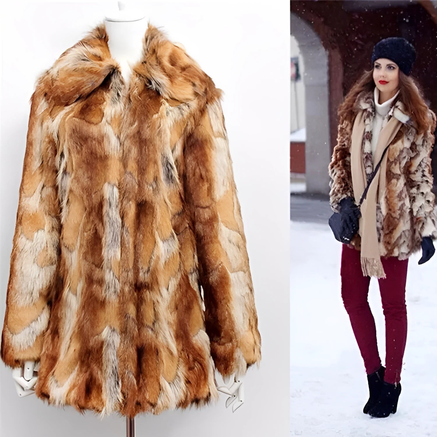 Women's slim faux fur leather jacket in a black and orange tiger pattern, showing long sleeves and medium length.