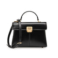 Genuine leather women's shoulder bag with clasp closure showing interior hidden compartment