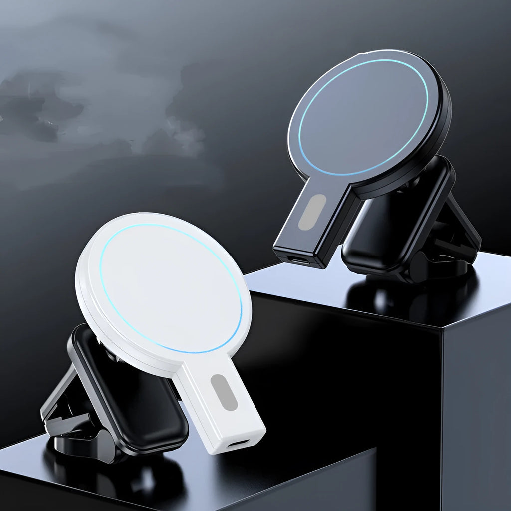 White and black magnetic wireless charger on a desk with a mobile phone