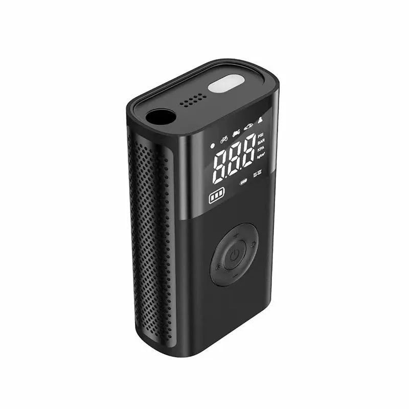 Wireless handheld digital display air pump with LED light and accessory nozzles for car and bicycle tyres