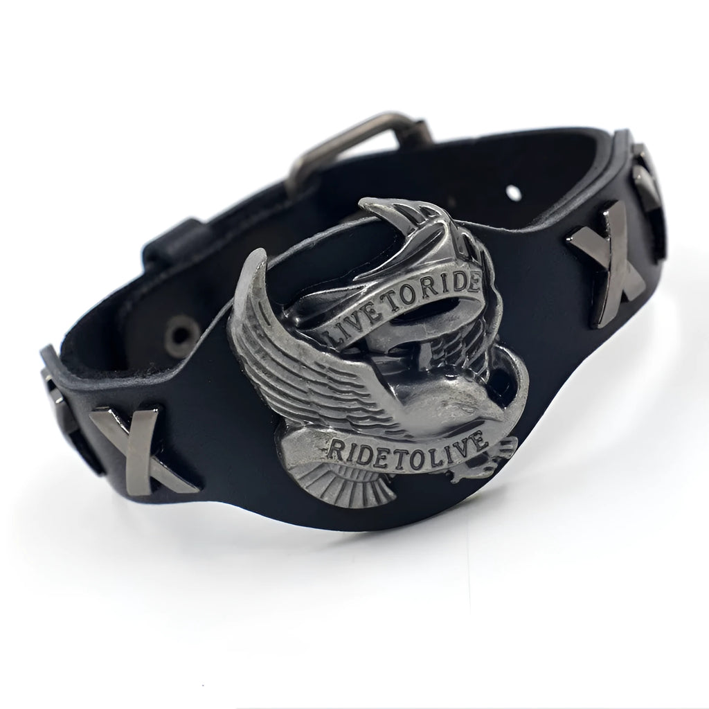 Black geometric leather bracelet with alloy eagle clasp showing tapered 1.7-3.8cm width