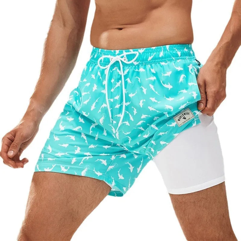 Men's quick-dry spandex swimming trunks in floral and tropical colour patterns