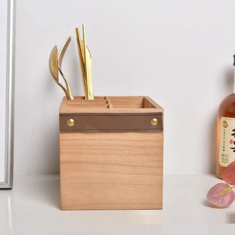 Wooden cutlery storage box with divider grid measuring 12.5cm by 12.5cm by 23cm
