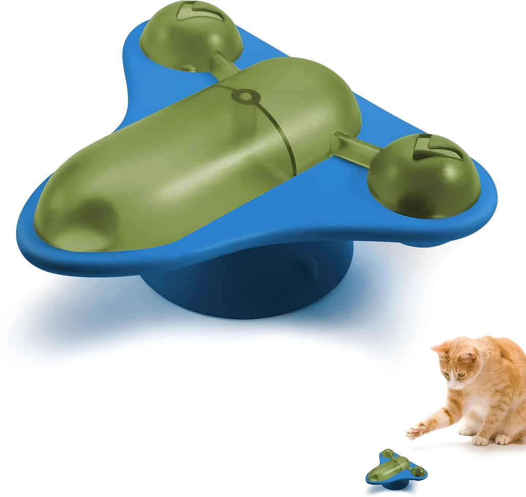 Blue interactive pet puzzle feeder toy with bell, catnip compartment, and snack cabin