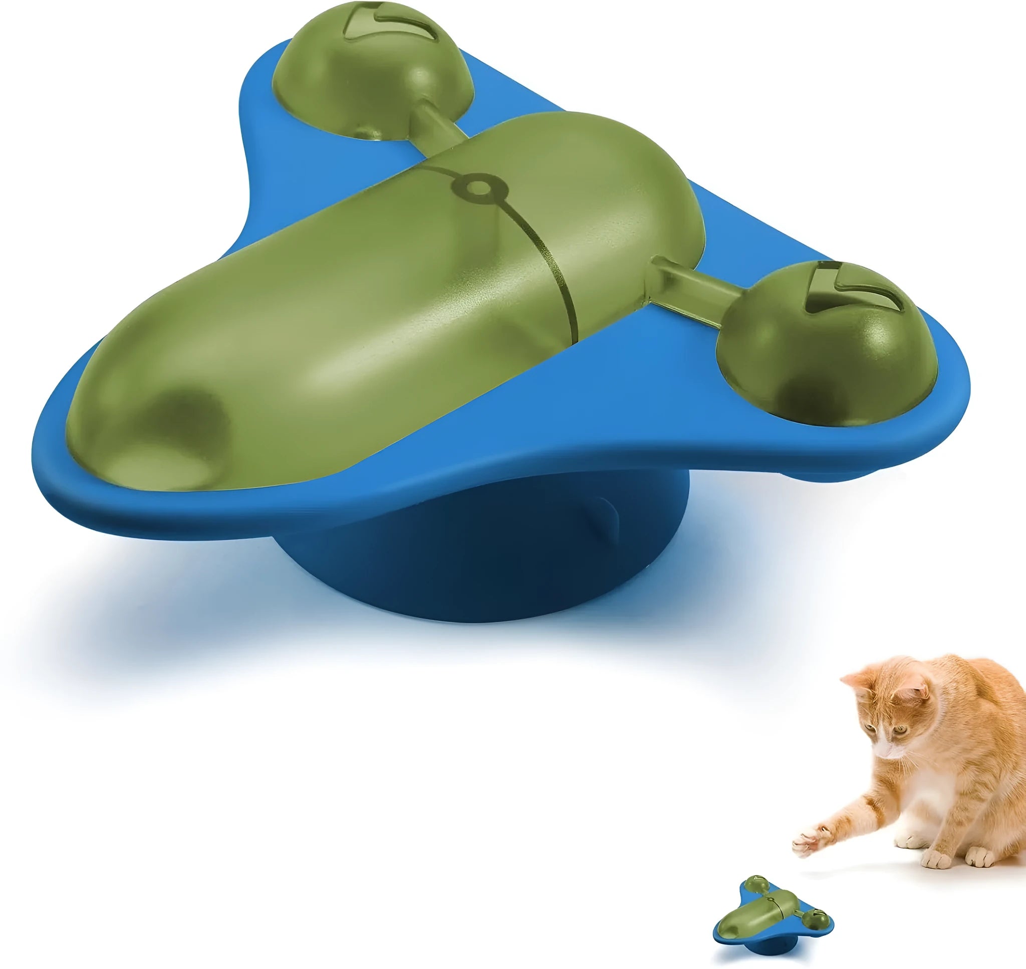 Blue interactive pet puzzle feeder toy with bell, catnip compartment, and snack cabin