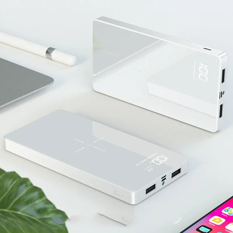 20000mAh power bank with digital display, dual USB ports, black or white mirror finish, size 73 mm x 153 mm x 22 mm