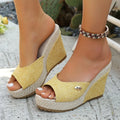 Women's black wedge sandals with buckle details, first layer cowhide upper, leather lining, and cloth sole on white background
