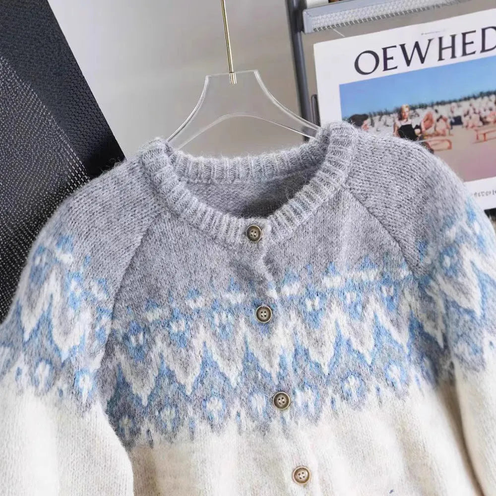 Women's loose-fit jacquard knit sweater coat in beige, brown, or navy blue.