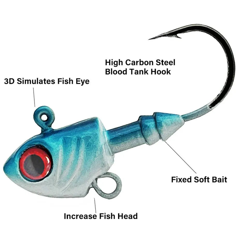 Yayu shaped lead head fishing jig hooks in blue, silver, and yellow, showing the fish-shaped design.