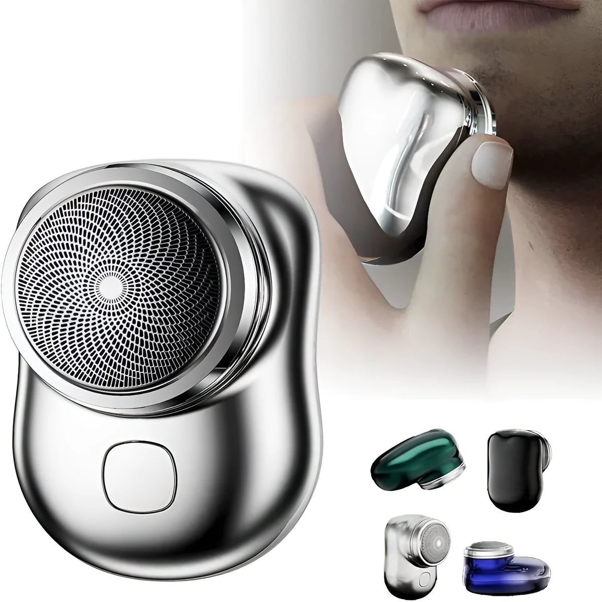 Mini portable USB electric shaver in silver with rotary head, aluminium body, and IPX7 wet and dry use