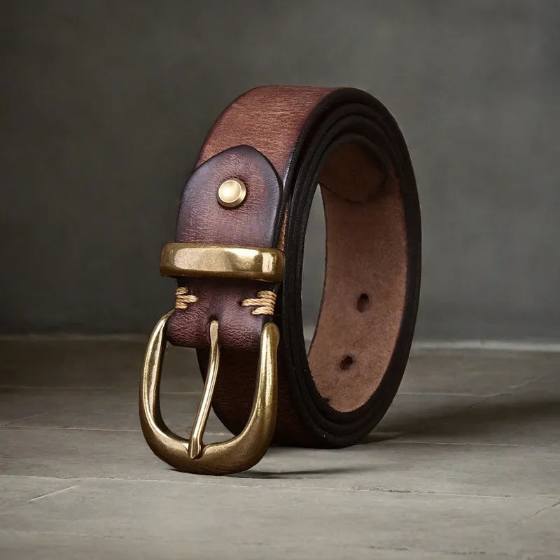Men's casual leather belt in cattlehide with copper buckle shown in black, brown, and khaki colours