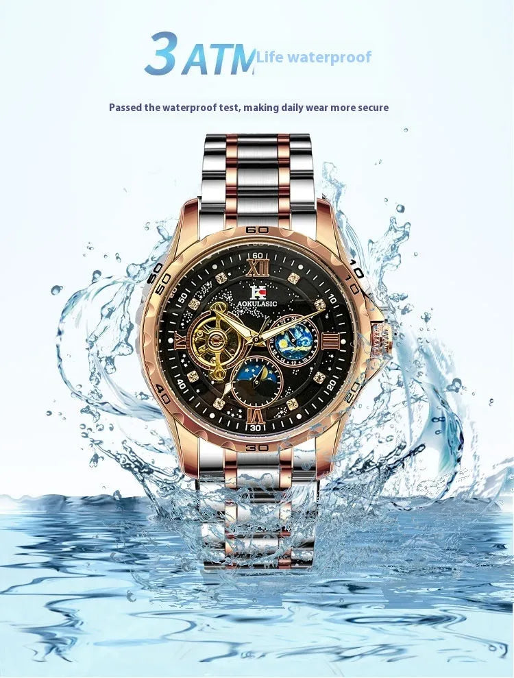 Automatic mechanical men's watch with rose gold case, black dial, and large multifunctional display