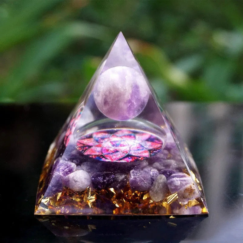 Small 6cm crystal epoxy resin pyramid decoration with natural gravel, shown in a selection of colours including lapis lazuli and obsidian.