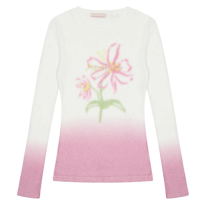 Women's yellow green gradient floral print long-sleeved polyester t-shirt