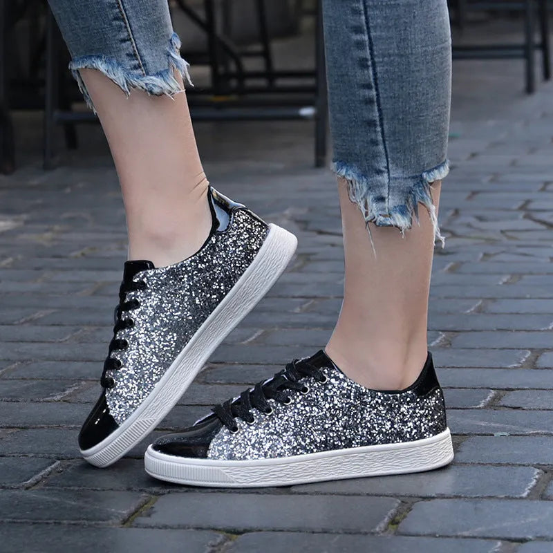 Women's colourful sequin low-top shoes with PU sequin upper, leather lining, rubber sole, front lace-up, black pink gold