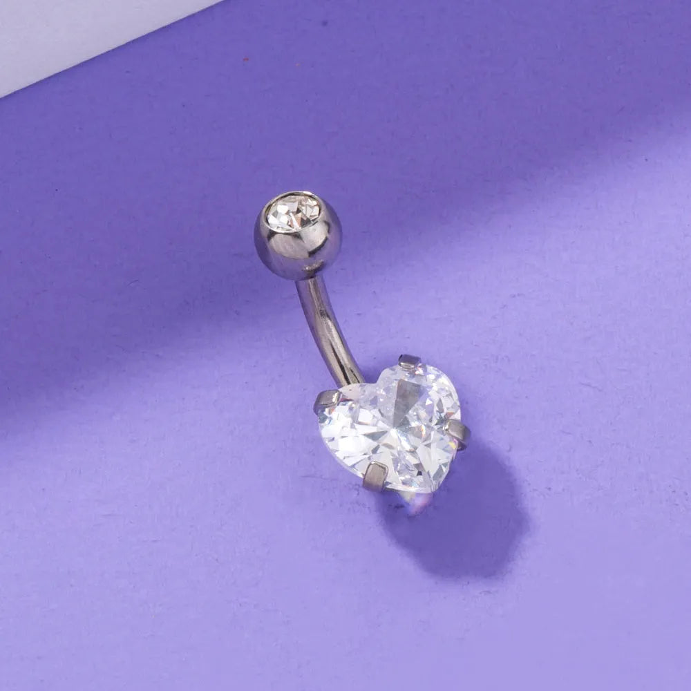 Stainless Steel Heart-shaped Zircon Navel Pin Body Piercing Jewelry for Women Europe America Style Electroplated Belly Button Ring Width 0.8 cm Height 1.8 cm Copper Zircon Material