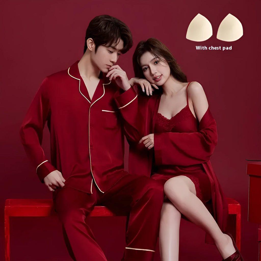 Red long sleeve pyjama set for men and women, presented as a wedding dowry gift.