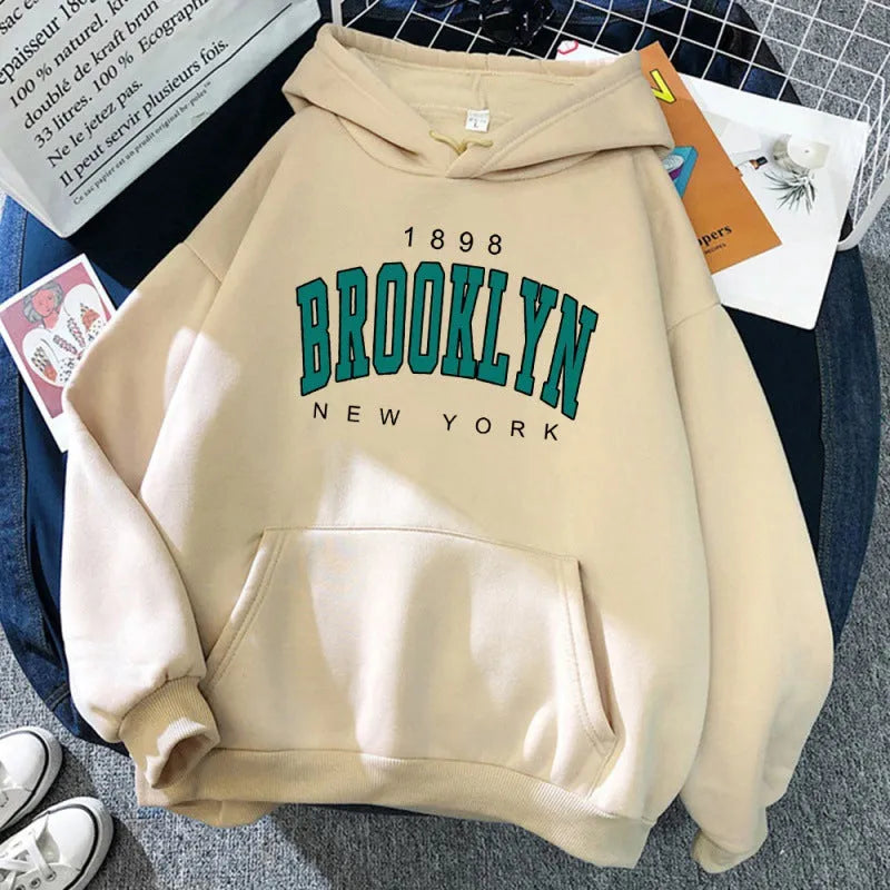1898 Brooklyn New York printed women's hoodie in polyester, available in sizes XS to 3XL and ten colours.