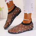 Women's flat sandals with mesh upper and colourful rhinestone design, round toe shape with rubber sole