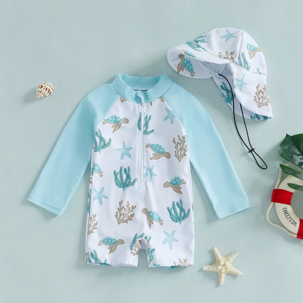 Children's long sleeve one-piece swimsuit in polyester, available in dinosaur light green sleeve design, on white background
