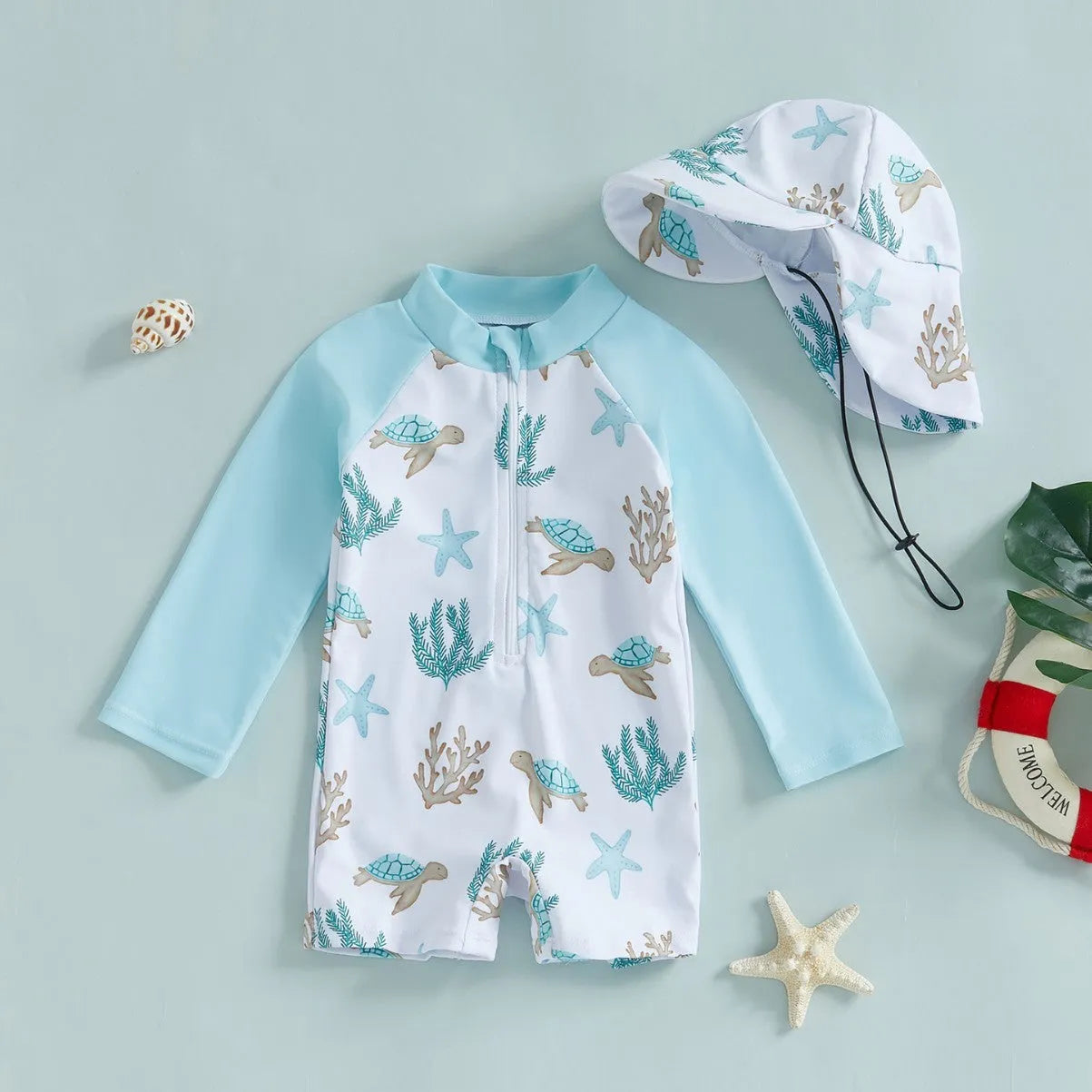 Children's long sleeve one-piece swimsuit in polyester, available in dinosaur light green sleeve design, on white background