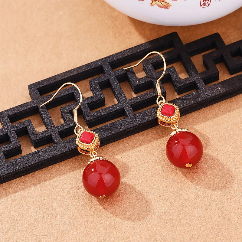 Geometric agate earrings with Southern Red Agate round beads and S925 silver inlaid jasper details