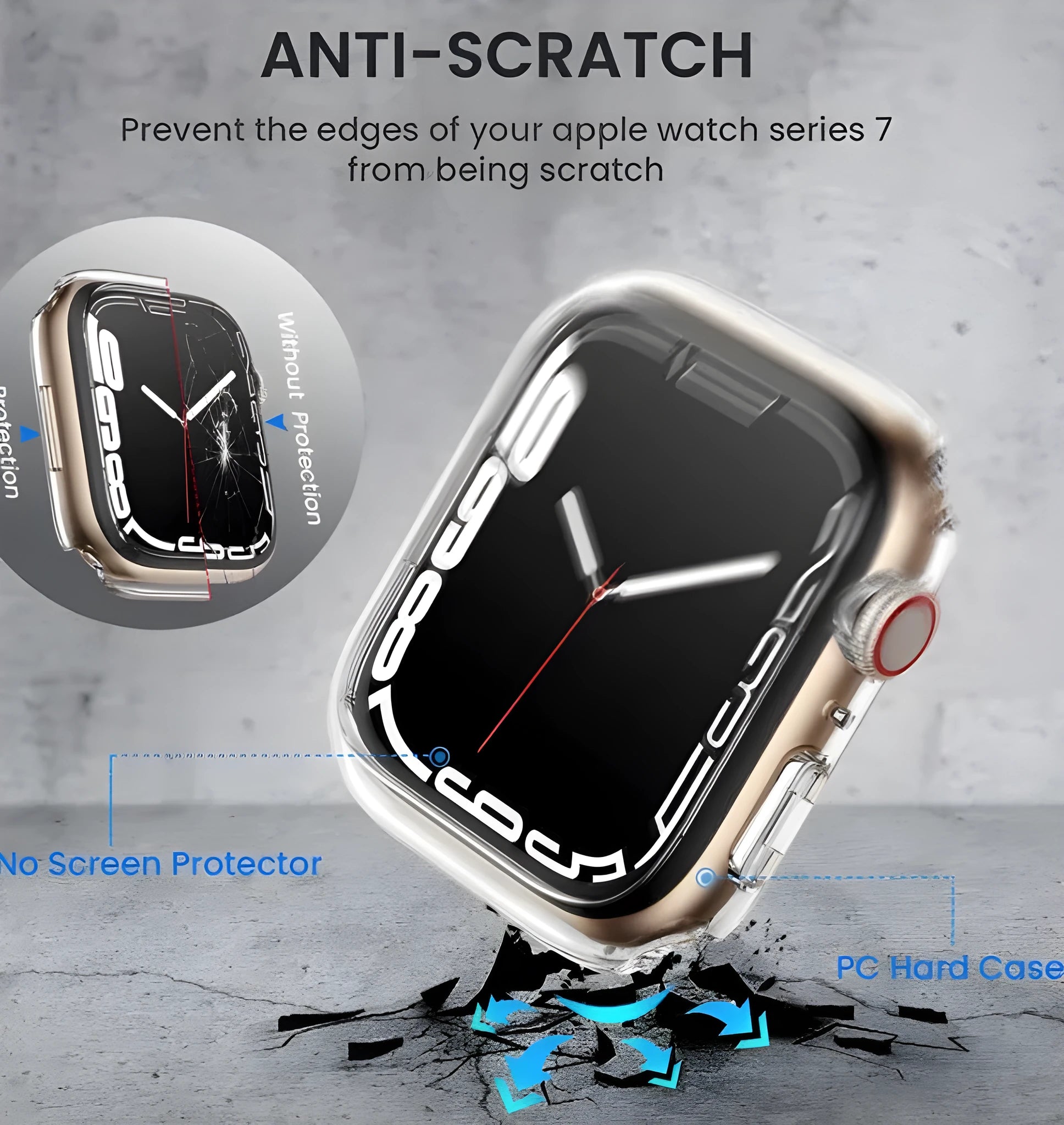 Transparent PC tempered film watch case showing colour options and size variations