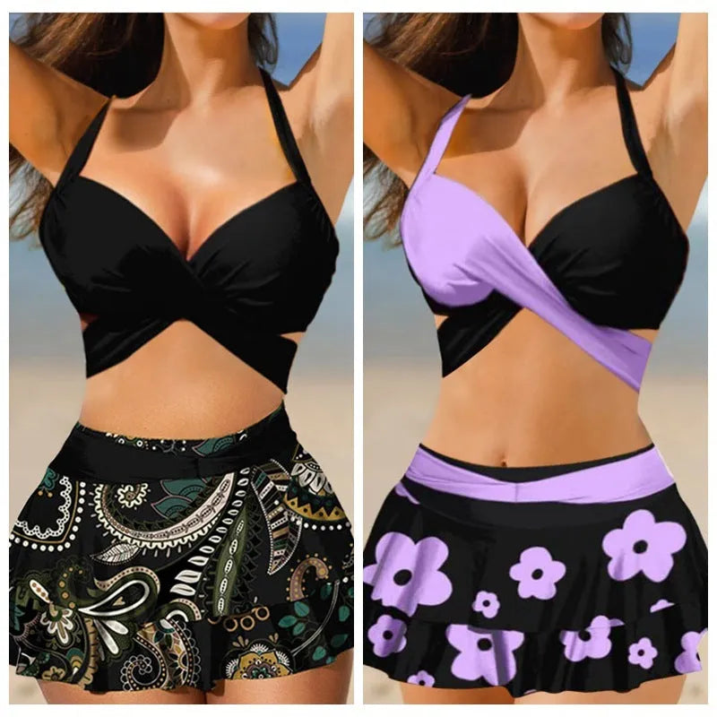 Women's purple high-waisted bikini swimsuit with lace-up detail and skirt