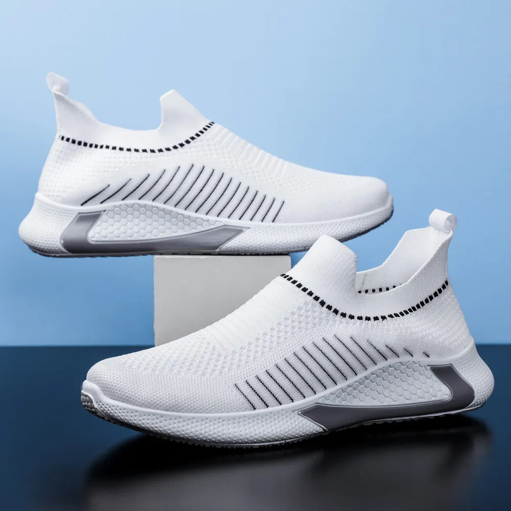 Men's mesh sneakers with striped design, flyknit upper, and plastic sole in various colour options