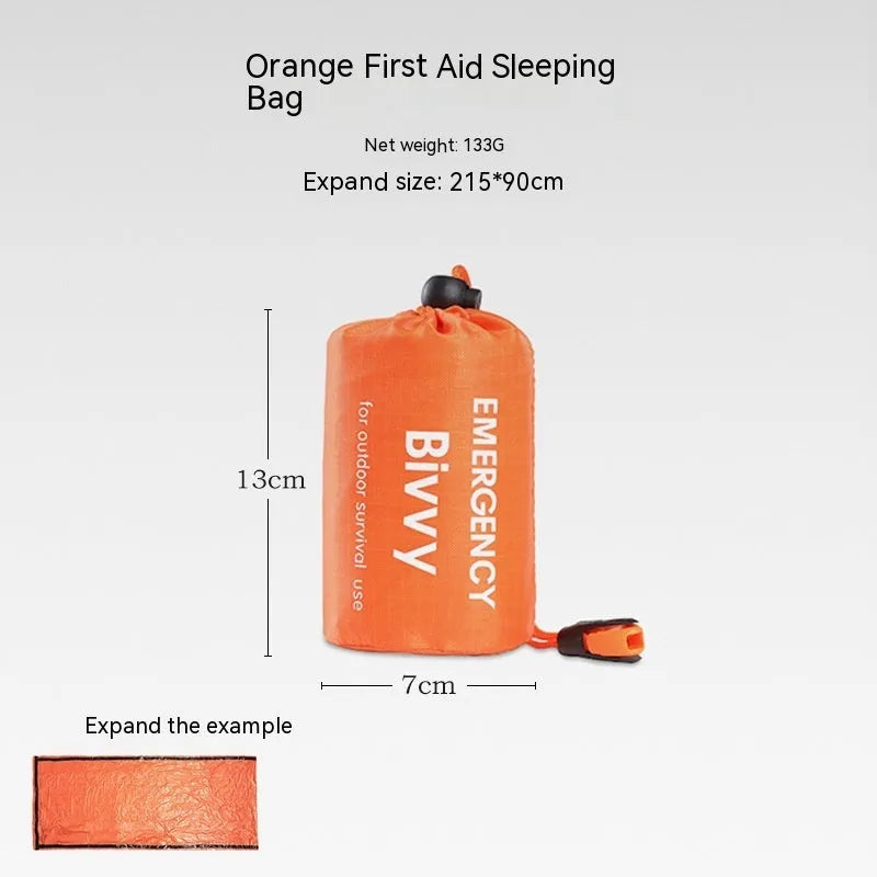 Portable orange disaster relief tent with sleeping bag and emergency blanket for outdoor use