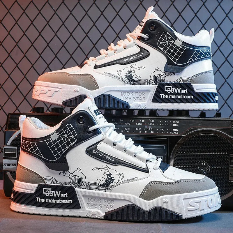 Men's increased height board shoes in beige, white, or blue with rubber soles and mesh lining