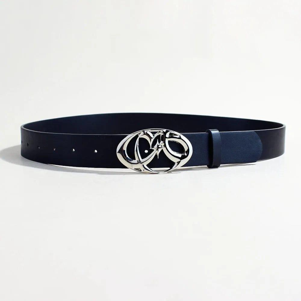 Silver buckle casual PU leather belt with snap button fastening, shown flat.