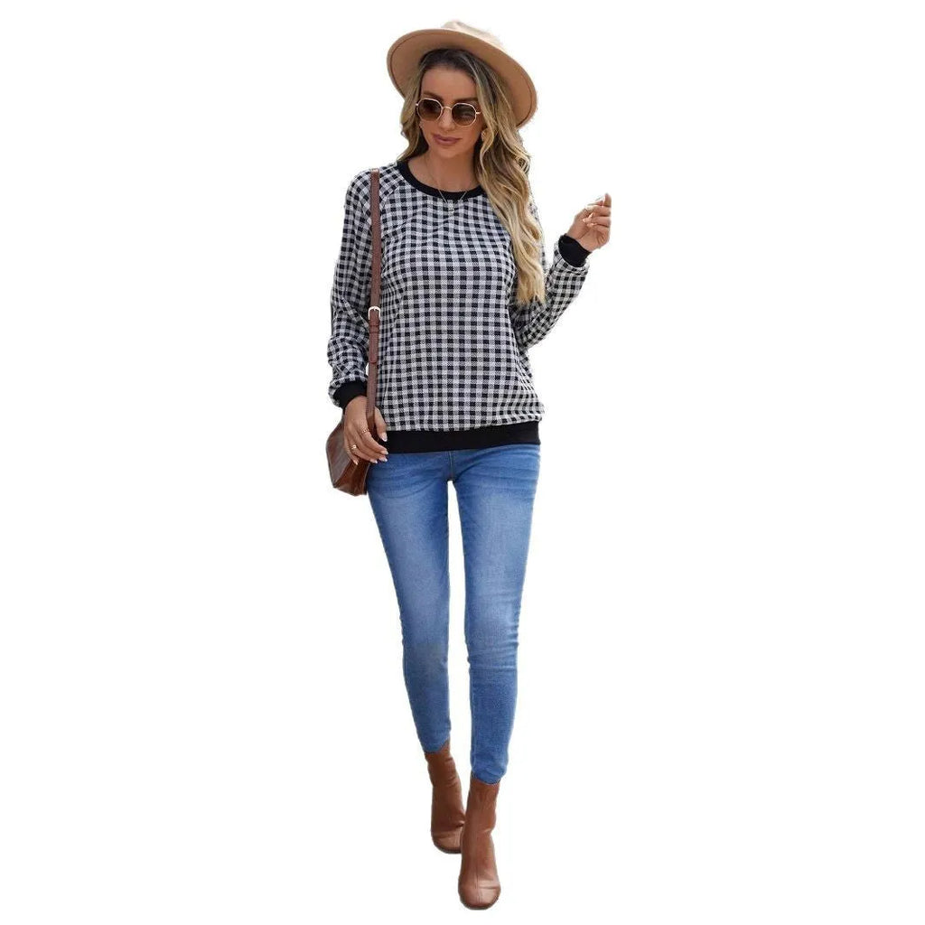 Black Japanese plaid and stripe print pullover sweater with long sleeves