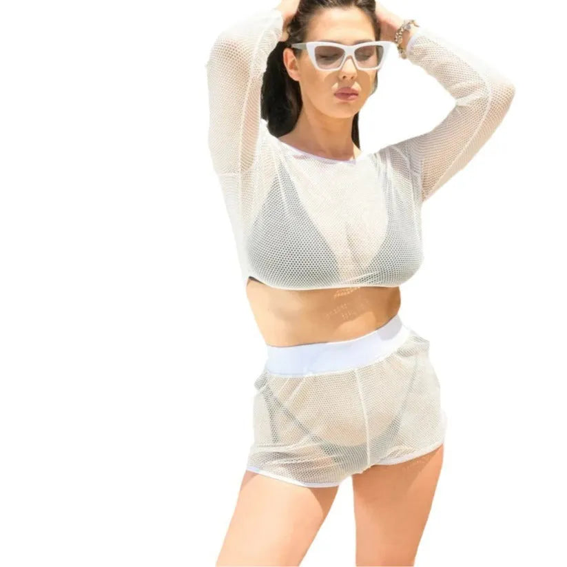 White transparent women's beach swimsuit with breathable straps and spandex lining