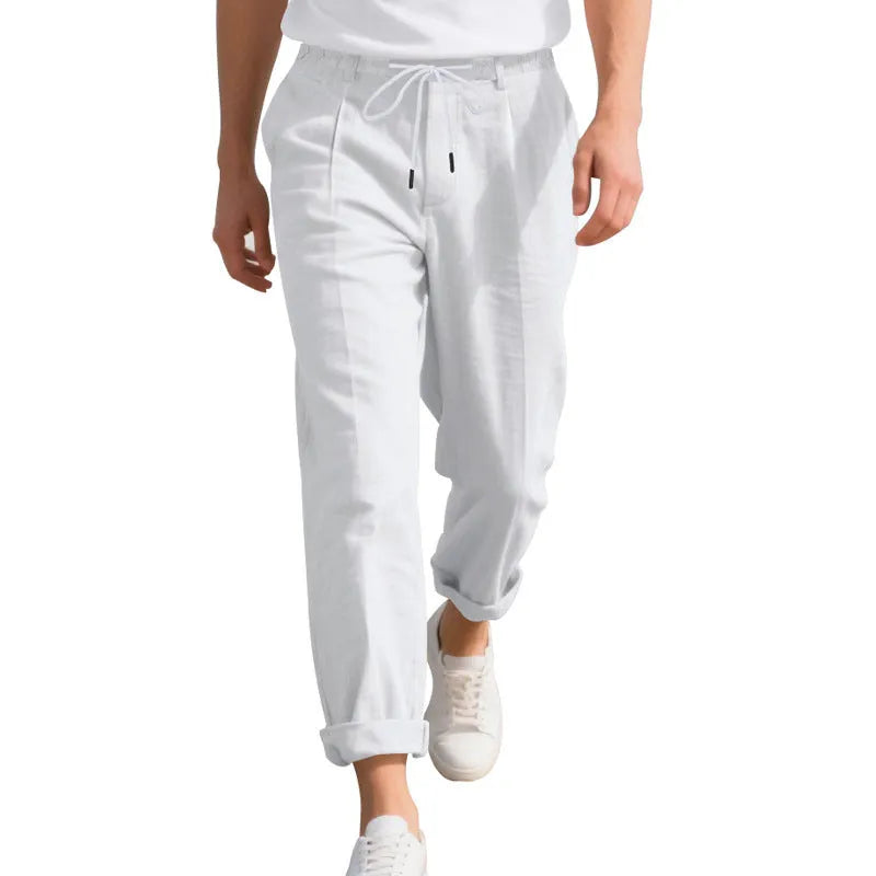 Men's straight-leg linen casual trousers in light khaki colour with a drawstring waist.