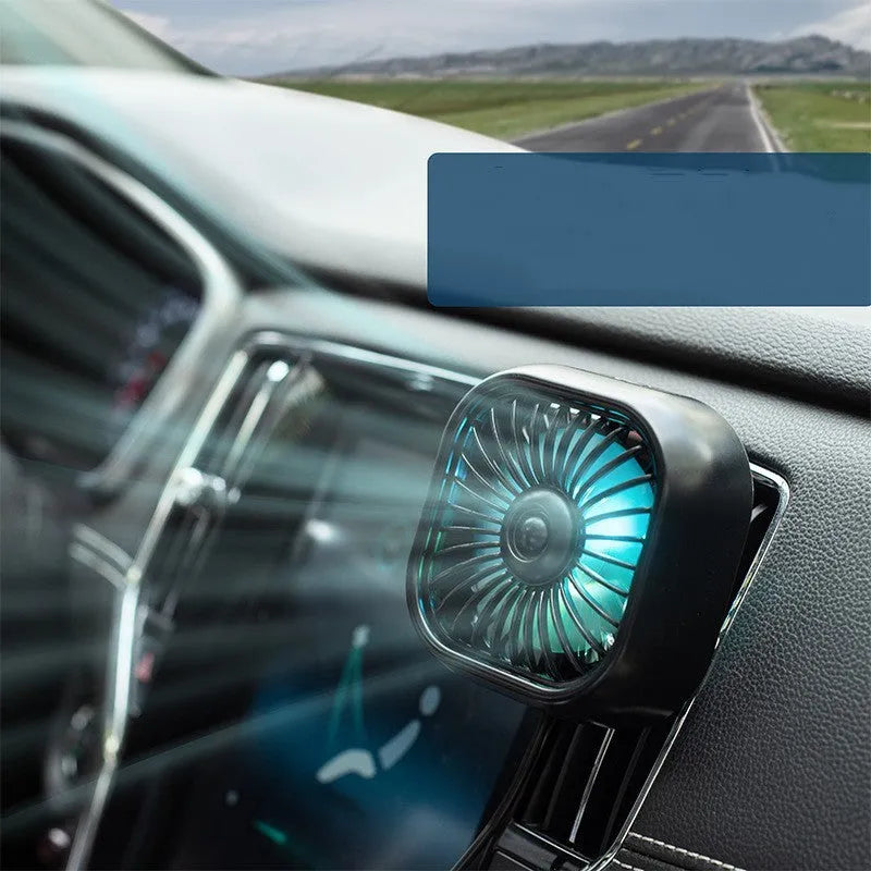 USB car fan with three-speed controls and charging cable for vehicle dashboard use